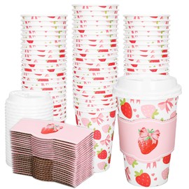 Whaline 50Pcs Strawberry Disposable Coffee Cups with Lids and Sleeves Cute Bow Strawberry Paper Drinking Cups for Sweet One First Birthday Summer Fruit Party