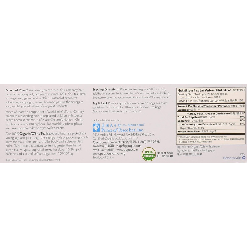 Prince of Peace Organic White Tea 100 Count, 6.35oz