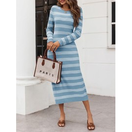 Saodimallsu Womens Long Sleeve Sweater Dress Striped Casual Knit Side Slit Hollow Out Crew Neck Midi Dresses Light Blue