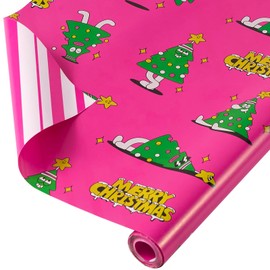 EWES Pink Christmas Wrapping Paper Funny Set Rolls Tree Cute Cartoon Thick Gnome Gift Wrap Sheets Unique Heavy Duty Reversible Fancy Fun Vintage Total 17″×20FT