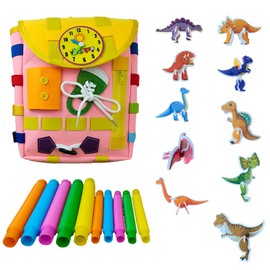 Busy Board - Toddler Backpack with Buckles and Learning Activity Toys - Develop Fine Motor Skills and Basic Life Skills - Learn to Tie Shoes - Children's Travel Toy (Pink)