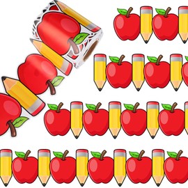 Weekgrat 1 Roll 32.8 ft Bulletin Board Border Back to School Decorations Non Stick Bulletin Border Roll for Classroom Chalkboard Wall Window Door Decor (Apple and Pencil)