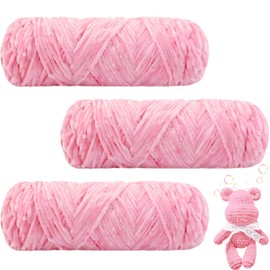 Maxee 300 g (3 x 100 g) Velvet Baby Wool, Velvet Wool Chenille Yarn, Cuddly Soft Chenille Yarn, Fluffy Soft Plush Wool, Crochet Yarn Wool for Knitting and Crocheting - 02 Light Pink