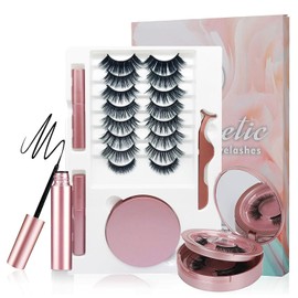 Pestañas Postizas Magneticas, 10 Pares Pestañas Postizas Naturales 3D con 2 Delineador Magnético y Pinza, Con Espejo, Pestañas Magnéticas Reutilizables,Impermeables, No Necesita Pegamento