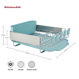 KitchenAid Compact Space Saving Rust Resistant Dish Rack with Removable Flatware Caddy and Angled Self Draining Drainboard, 12.63 x 15.87 x 5.54 Inch, Mineral Water