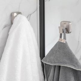TAILI Bathroom Towel Hooks with Vacuum Suction Cup, Stainless Steel, Pack of 2, Suction Cup Hooks, No Drilling, Reusable, Waterproof, Removable for Bathroom, Towel, Bathrobes - Square, Type C, Silver
