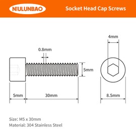 M5-0.8 x 30mm Hex Socket Head Cap Screws Bolts 304 Stainless Steel Metric Machine, Allen Hex Drive, Fully Thread, 50PCS