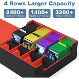 Mlikero Sammelkarten-Aufbewahrungsbox für 2400+ Karten, Magnetische Karten Deck-Box mit 10 Kartenteilern und 4 Schaumstoffstoppern, Leder Commander Deck-Box Fit für MTG, TCG (4 Reihen, Schwarz&Rot)