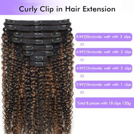 Croocco FB30 Highlight Ombre Curly Clip In Extension Human Hair 3C 4A Kinky Curly Clip Ins Full Head for Black Women Brazilian Remy Human Hair Balayage Brown 8Pcs with18clips 120g/Set (22 inch)
