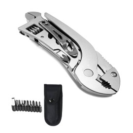 ZOVEDAIUG Multitool Wrench With 7 Tools/Pliers/Wire Cutter/Flat Screwdriver/Phillips Screwdriver, Portable Adjustable Pocket Multitool Wrench Plier Folding Multipurpose Tool (Silver)
