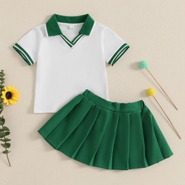 ZAXARRA Toddler Girl Sports Outfit Short Sleeve Lapel Tops Tennis Bow Pattern Mini A Line Skirt Casual Cute 2 Pcs Set (Green, 3-4T)