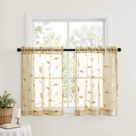 MIULEE Beige Sheer Curtains 2 Panels Embroidered Leaf Patterned Rod Pocket Floral Semi Sheer Faux Linen Short Window Curtains Drapes Set for Kitchen Bathroom Cafe, 30x30 Inches Length