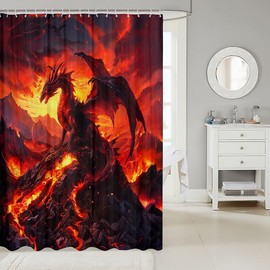 Cortinas de ducha de dragón occidental, cortinas de baño misteriosas de dragón volcán dragón para niños y niñas, hombres, cortinas impermeables de animales antiguos occidentales, 12 ganchos, 182 cm de