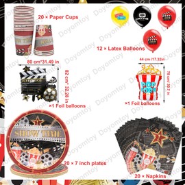 Doyomtoy Film Night Party Tableware, 74 Pieces, Film Theme Party Tableware Sets Plates, Cups, Napkins, Balloons, Popcorn Balloons, Birthday, Film Party Decorations, Film Party Balloons for 20 Guests