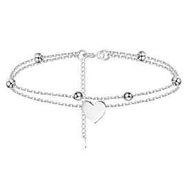 Tobillera Doble para Mujer de Acero Inoxidable, Cadena de Plata con Corazón, Ajustable 21+5 cm, Pulsera para Tobillo, Accesorio de Playa y Verano, Regalos para damas, esposas y novias