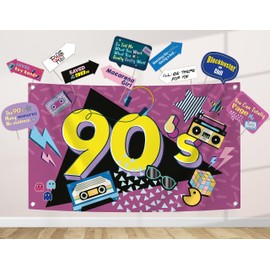 90s Party Decoration Kit - Includes Photography Backdrop & 10 Studio Selfie Photo Booth Props with Sticks - 90's Retro Style Hip Hop Theme Studio Background Banner Supplies