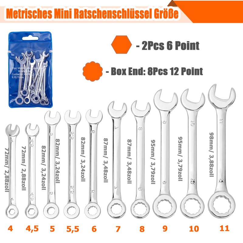 HaoTrade 10 Piece Ratchet Wrench Set, 4-11 mm Combination Spanner