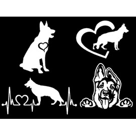 German Shepherd Decals 4 Pack: Shepherd Sitting, Heartbeat, Heart, Smiling (Large 5", White)