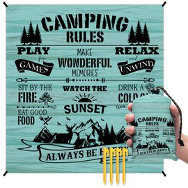 Xmsaitar Rustic Camping Rules Pocket Picnic Blankets, Camp Mini Beach Camping Blanket Waterproof Sandproof, Blue RV Decorative Outdoor Blanket Mat Gifts for Camper Campsite Travel Hiking 55x60in