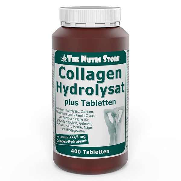 Collagen Hydrolysate Plus Tablets 400 Pieces with Calcium, Magnesium and Vitamin C from Acerola Cherry for Healthy Bones, Joints, Cartilage, Skin, Hair, Nails and Connective Tissue
