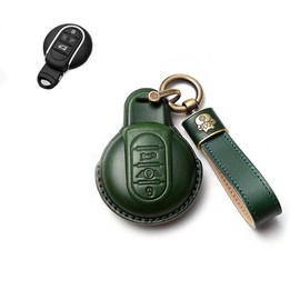 SANRILY Car Key Cover Fit for Mini Cooper 2016-2021 Clubman Countryman Hardtop Convertible Keyless Remote Key Holder Leather Key Protective Case with Lucky Cat Keychain Green