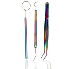 Dental Hygiene Set - 3Pcs Basic Dental Instruments Stainless Steel Dental Rainbow Tooth Pick, Mouth Mirror/Cotton Plier/Dentists Tools is Ideal for Personal Use & Pet Friendly for Educational Use