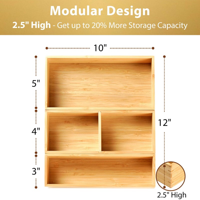 Umilife Drawer Organizer Storage Boxes, 2.5" High Bamboo Drawer Dividers,