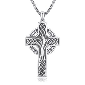 AOSAIB Celtic Cross Necklace 925 Sterling Silver Tree of Life Necklace Celtic Knot Cross Pendant Cross Necklace for Men Religious Protective Gift For Men Women