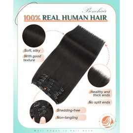 Benehair Clip in Hair Extensions Real Human Hair 22inch Double Weft Natural Black Hair Extensions Clip in Human Hair Invisible Lace Weft Straight Hair Extensions Clip ins 7pcs with 16 Clips 130g #1B
