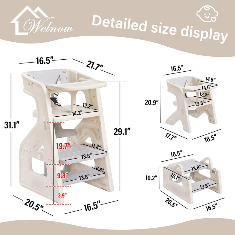 Welnow Toddler Kitchen Step Stool Helper, 3-in-1 Adjustable Kids Learning