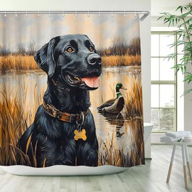 Farmhouse Dog Shower Curtain Funny Dogs Lake Wild Ducks Hunting Theme Nature Landscape Pets Lover Lovely Animal Bathroom Decor Polyester Fabric Curtains with Hook 70Wx70H Inches