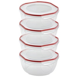 Sterilite Ultra-Seal 8.1 Qt Bowl, Large Airtight Food Storage Container, Latching Lid, Microwave and Dishwasher Safe, Clear With Red Gasket, 4-Pack