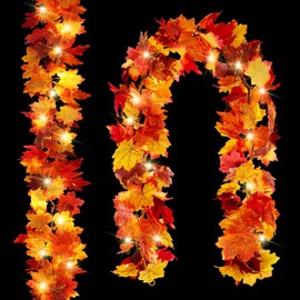 Fovths 2 Packs Fall Decor Fall Maple Leaves Garland with Lights 5.8ft Connectable Lighted Fall Garland Artificial Colorful Hanging Garland for Indoor Outdoor Fireplace Autumn Thanksgiving Decorations