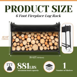 ECOTRIC 6FT Firewood Rack with Waterproof Cover for Outdoor Indoor Wood Log Rack Holder Storage Stand Stacker Wood Pile Lumber Storage Carrier Organizer Black Steel