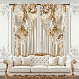 Riyidecor White Gold Golden Curtains Vintage Elegant Luxury (no Tassel) European Rod Pocket Women Girls Gorly Modern Bedroom Living Room Treatment Fabric 2 Panels 42Wx63H Inch