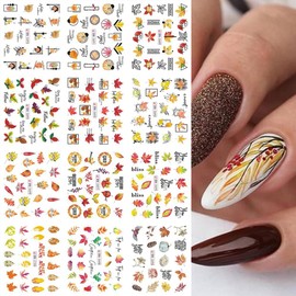12 Sheets Fall Nail Art Stickers Thanksgiving Nail Decals Water Transfer Maple Leaf Pumpkin Autumn Nail Stickers for Women Girls Kids Nail Decorations