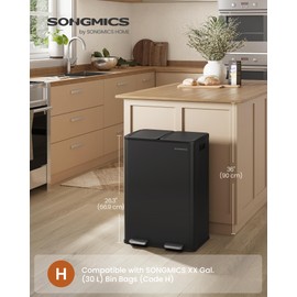 SONGMICS Trash Can, 2 x 8 Gallon (2 x 30 L) Dual-Compartment Garbage Can with Soft-Close Lid, Pedal and Inner Buckets, Stainless Steel, Includes 15 Liner Bags, Ink Black ULTB741B01