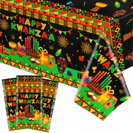 HOWAF 3 Pack Kwanzaa Tablecloth - Happy Table Cover With Kinara Fruit African Mask Flag Map - Plastic Table Cloth for African American Heritage Festival Party Decorations