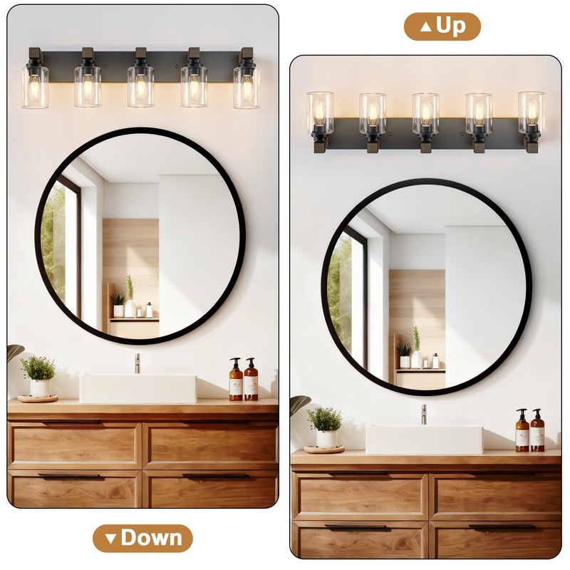 Farmhouse Bathroom Vanity Light Fixtures, Rustic 5-Light Wood Vanity Lights