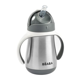 BEABA Taza para sorber con paja de acero inoxidable con asas, taza aislada para niños pequeños/bebés, 8+ meses, 8.5 oz, carbon