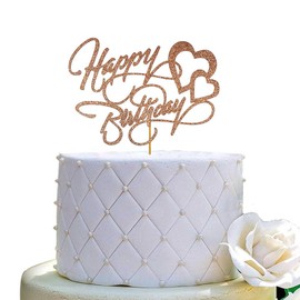 Decoración para tarta de cumpleaños con diseño de texto en inglés "Happy Birthday", doble cara, purpurina de oro rosa