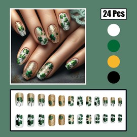 24Pcs St. Patrick's Day Press on Nails Medium Square Shamrock Fake Nails Gold Glitter Gradient Design Four Leaf Clover Glue on Nails St. Patrick's Day Artificial Nails Spring Acrylic False Nails