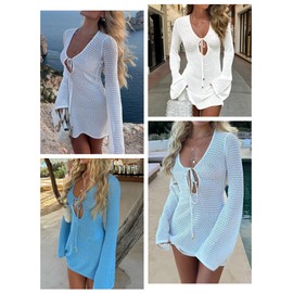 ANRABESS Beach Cover Ups for Women Crochet Swimsuit Bathing Suit Swimwear Bikini Mesh Knit Dress 2025 Summer Vacation Outfits Small Off-White