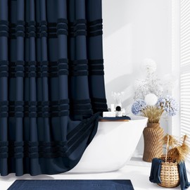 Dynamene 78 Inch Long Shower Curtain, Textured Tufted Chenille Striped Tall Fabric Shower Curtain for Bathroom, Large Hotel Spa Luxury Waterproof Cloth Shower Curtain Set with Hook, Navy Blue, 72x78