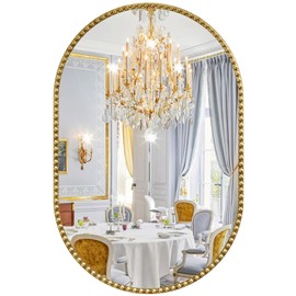 JIINGYO Oval Mirror for Wall, 24x36 Inch Gold Oval Bathroom Mirror, Antigue Gold Oval Vanity Mirrors, Metal Floral Frame Mirror for Bedroom Living Room Hallway, Hangs Horizontally or Vertically