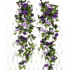 JUSTOYOU 2pcs 7.8FT Two-tone Artificial Fake Rose Garland Wine Hanging Silk Flower Artificial Flower for Outdoor and Indoor Wedding Wall Bad Decoration (Purple)