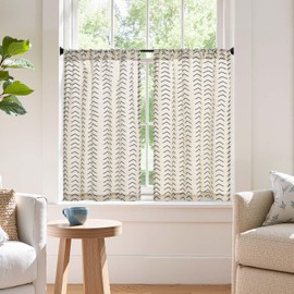 jinchan Boho Linen Blend Kitchen Curtains 36 Inch Length Herringbone Printed Tier Curtains for Small Windows Bathroom Cafe Laundry Room Set of 2 Rod Pocket Black on Beige