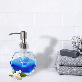 Modern Geometric Shape Clear Glass Soap Dispenser, Lotion Dispenser Bottle with Rust Proof Stainless Steel Pump for Kitchen, Bathroom Accessory, Countertop, Great for Soap, Lotions and Body Oil.