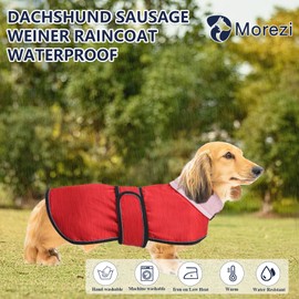 Dachshund Raincoat with Reflective Stripe rain Water Resistant Adjustable Bands Raincoat for Small Medium Dogs - Red - M