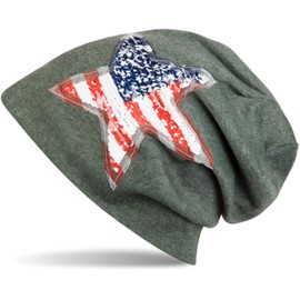 styleBREAKER Beanie hat with Sequins Star USA Application, Stars and Stripes, Unisex 04024033, Colour:Green